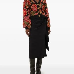 FARM Rio Satin rose-embellished wrap midi skirt